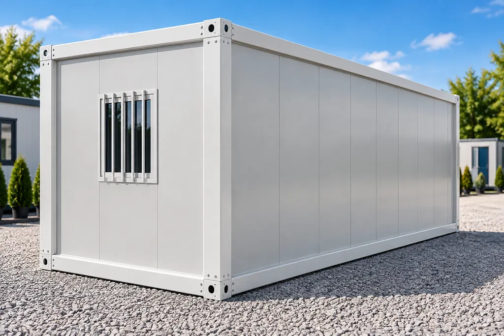 Bijeli flat pack kontejner s prozorom s rešetkama na šljunčanoj površini